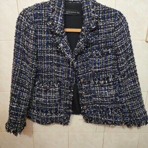 Zara Women's Black and Blue Tweed Blazer